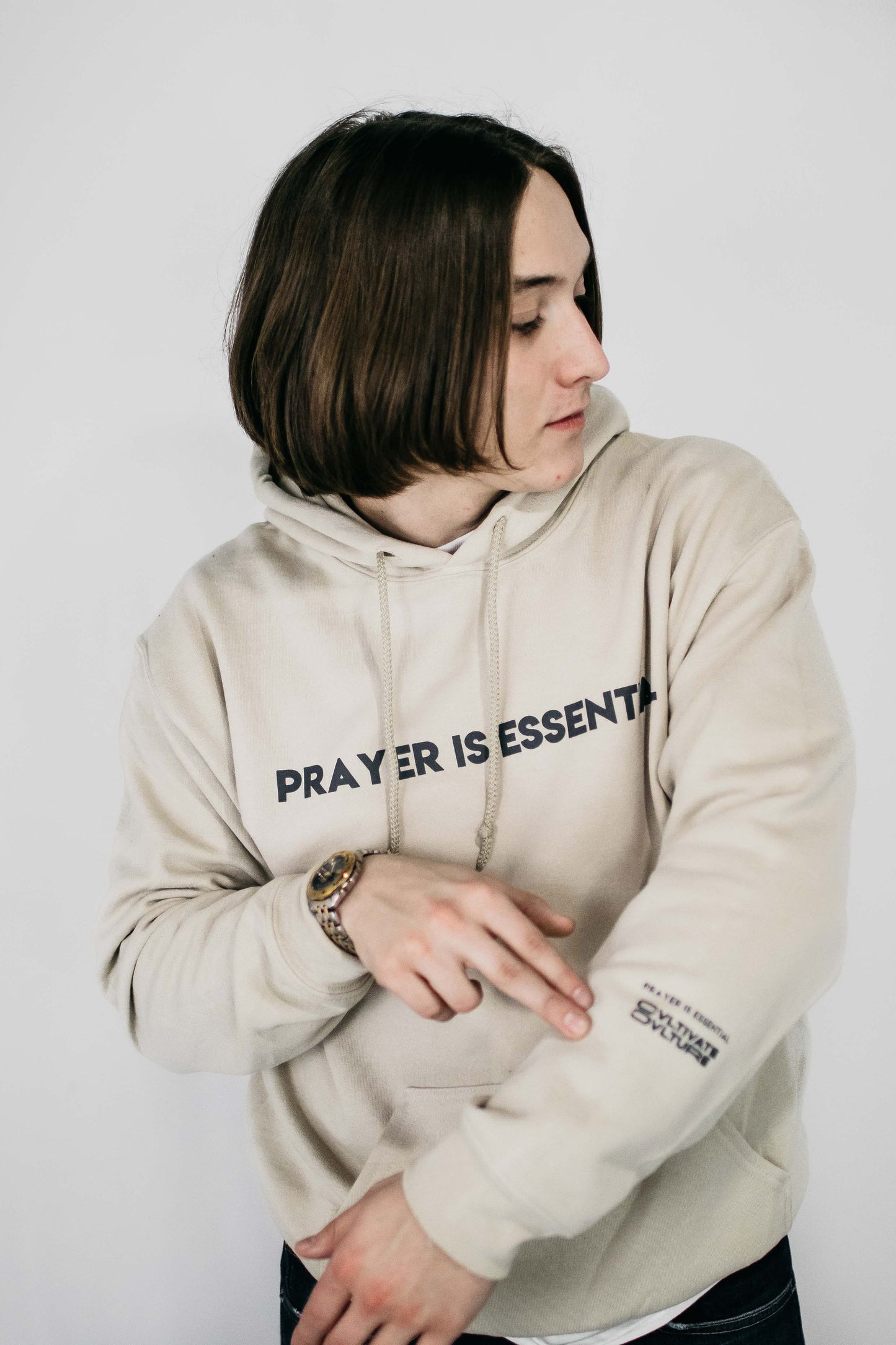 "Prayer Is Essential" Tan Hoodie (Charcoal )