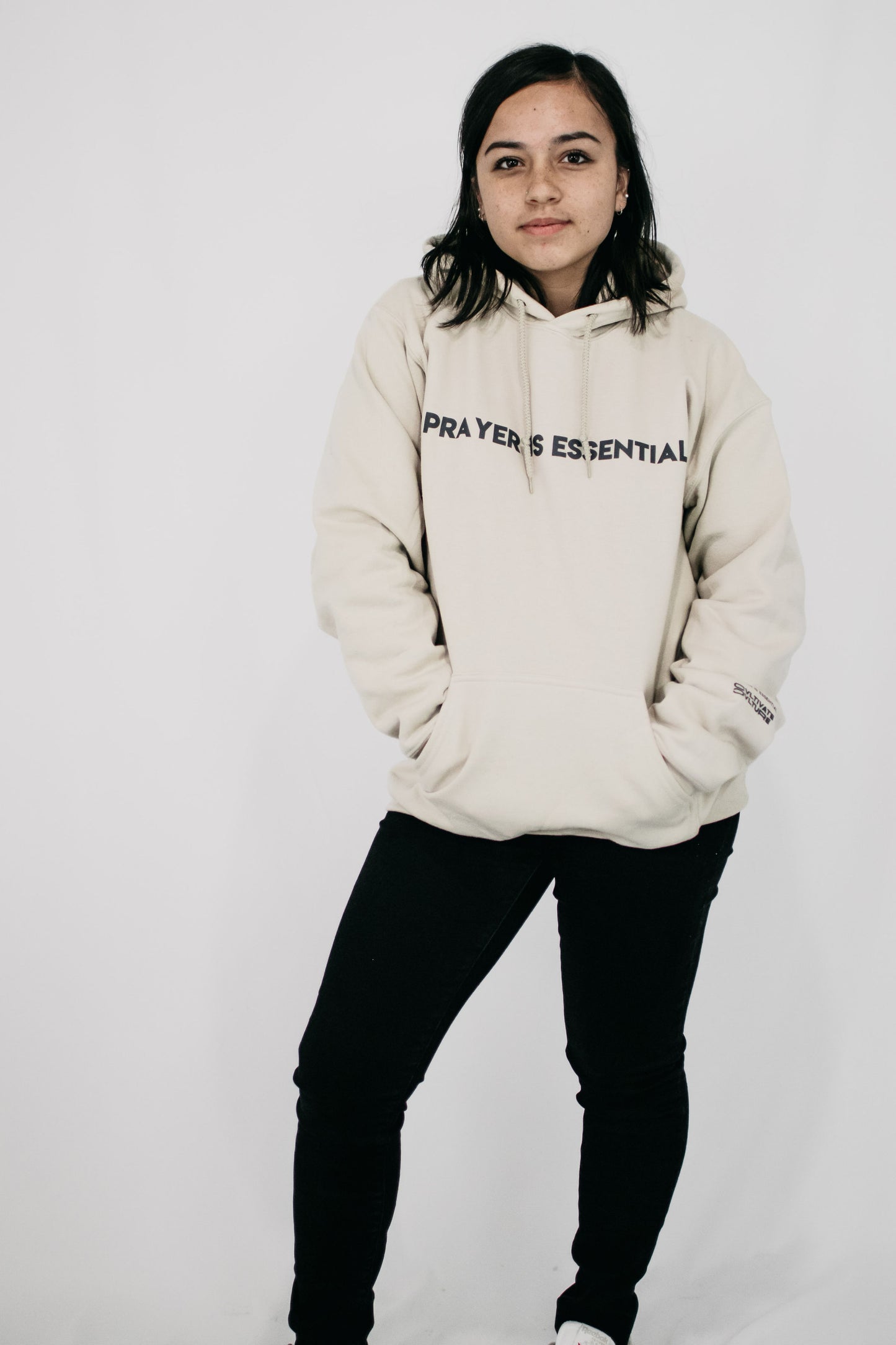 "Prayer Is Essential" Tan Hoodie (Charcoal )